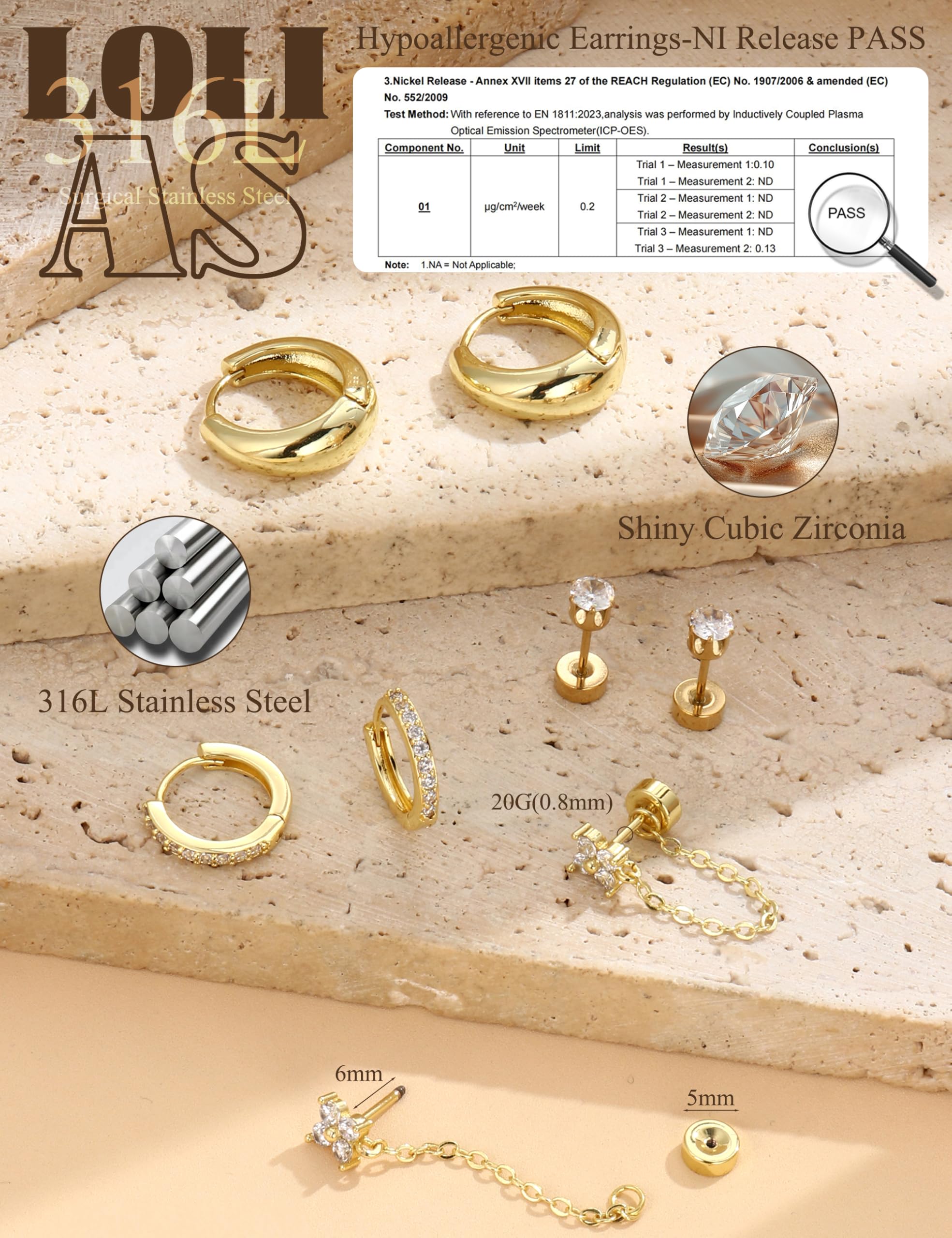 LOLIAS Flat Back Earrings for Women Hypoallergenic Surgical Steel Earrings for Sensitive Ears-20G Cartilage Earring Stacks 14K Gold Plated Hoops Flatback Stud Earring Sets for Multiple Piercing