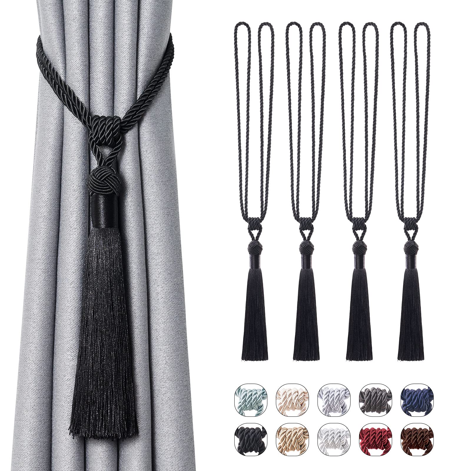 Pretty Jolly 4 Pack Long Tassel Curtain Tiebacks Handmade Braided Rope Knot Drape Tie Backs European Style Decorative Curtain Holdbacks for Home & Office Window Drapery (Black)