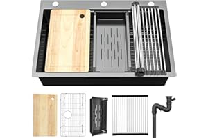 YITAHOME Black Kitchen Sink Drop-In Workstation 33in,Gunmetal Black Stainless Steel Single Bowl Top Mount Sink w/Ledge & Accessories, Nano-treated Surface Prevents Scratches, 33 x 22 x 10 in