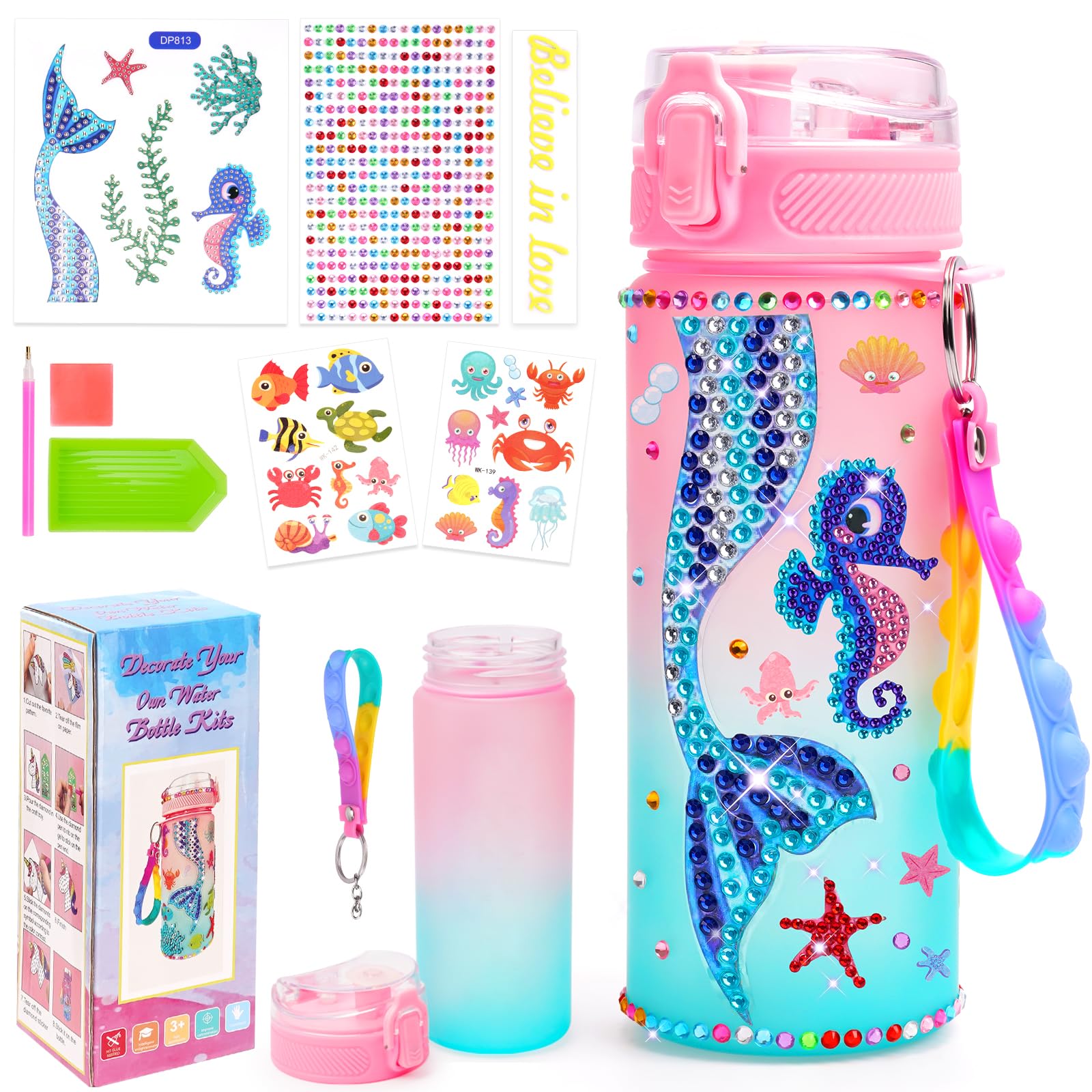 Eichhoo Kids Water Bottle Decoration: Mermeid Gifts for 5 6 4 7 8 Year Old Girls Toy Arts and Crafts for Kids Age 3-12 Diamond Painting Art Stickers Ideal Birthday Mermeid Toys