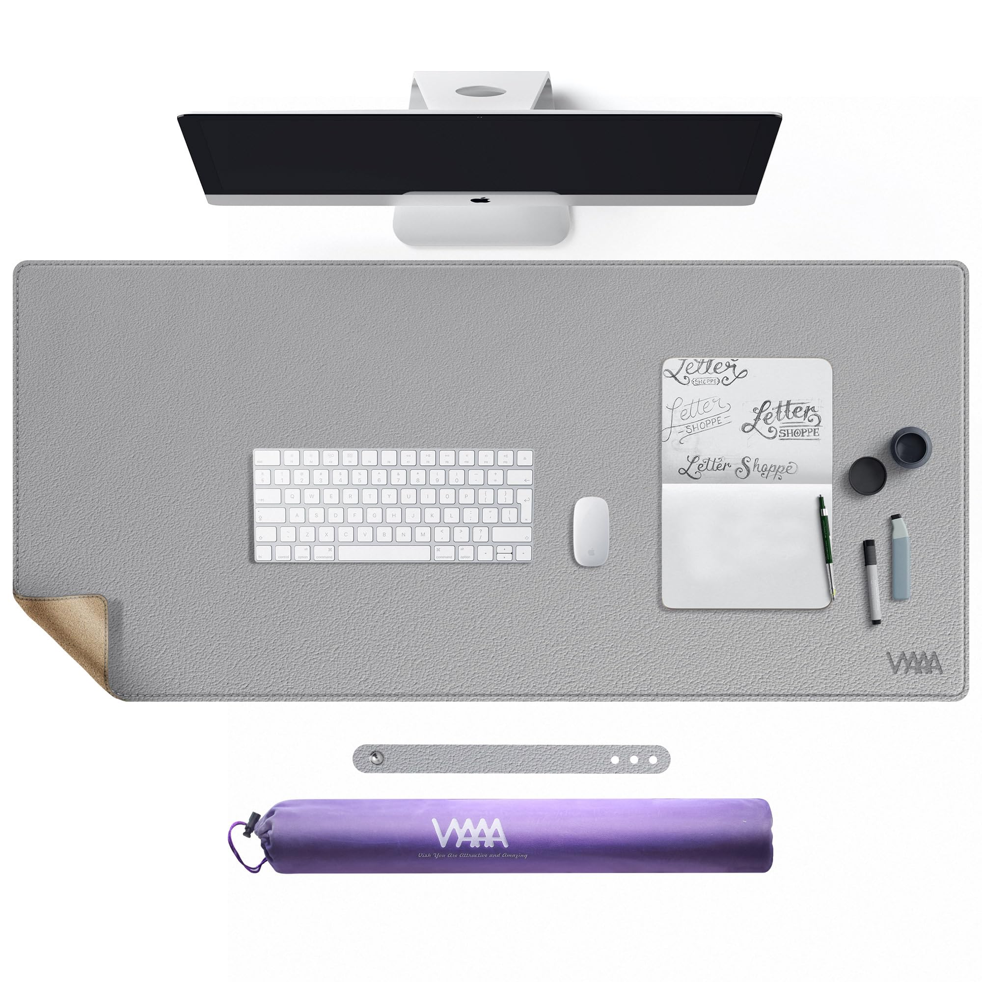 Vyaaa Cork & Leather Desk Mat, 110x50cm Dual Sided Leather Desk Pad, Waterproof Extra Large Desk Mat, Desk Mats on top of Desks for Home or Office (Grey)