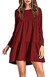 ZJCT Womens Long Sleeve Loose Dress Round Neck Pleated Swing Casual Dresses