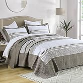 DDUOXIN Oversized Queen Bedspread 102"x120" - 100% Cotton Lightweight Thin Quilt for California Bed with 2 Pillow Shams, Farmhouse Stripe Reversible Soft Coverlet Sets, Brown/Gray/Beige