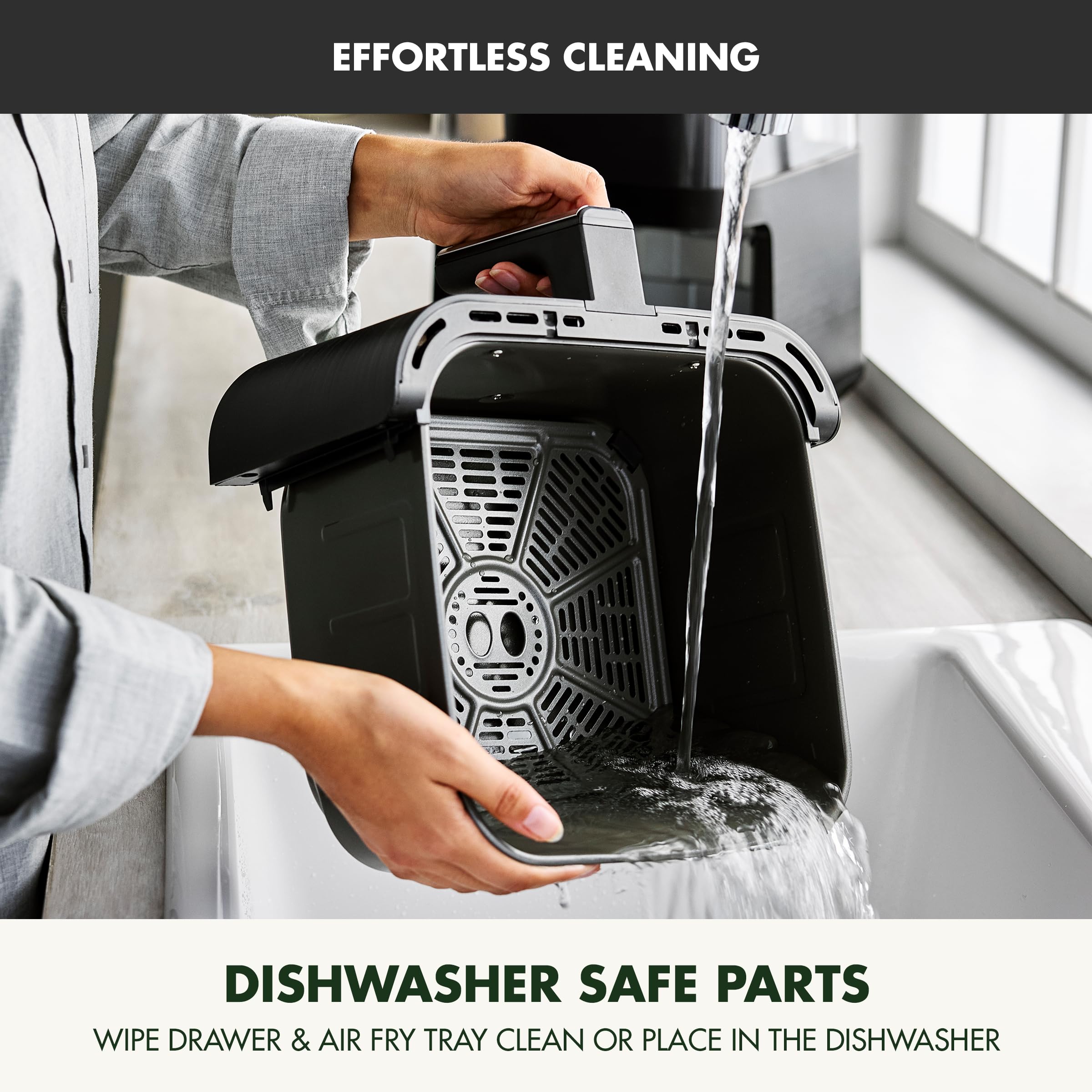 GreenPan Clearview freidora de aire extra grande de 7 cuartos, ventana transparente de 360°, cajón y bandeja antiadherentes de cerámica sin PFAS, calor a 400 °F, 13 preajustes, recordatorio de batido, mantener caliente, inicio retardado, piezas aptas para lavavajillas