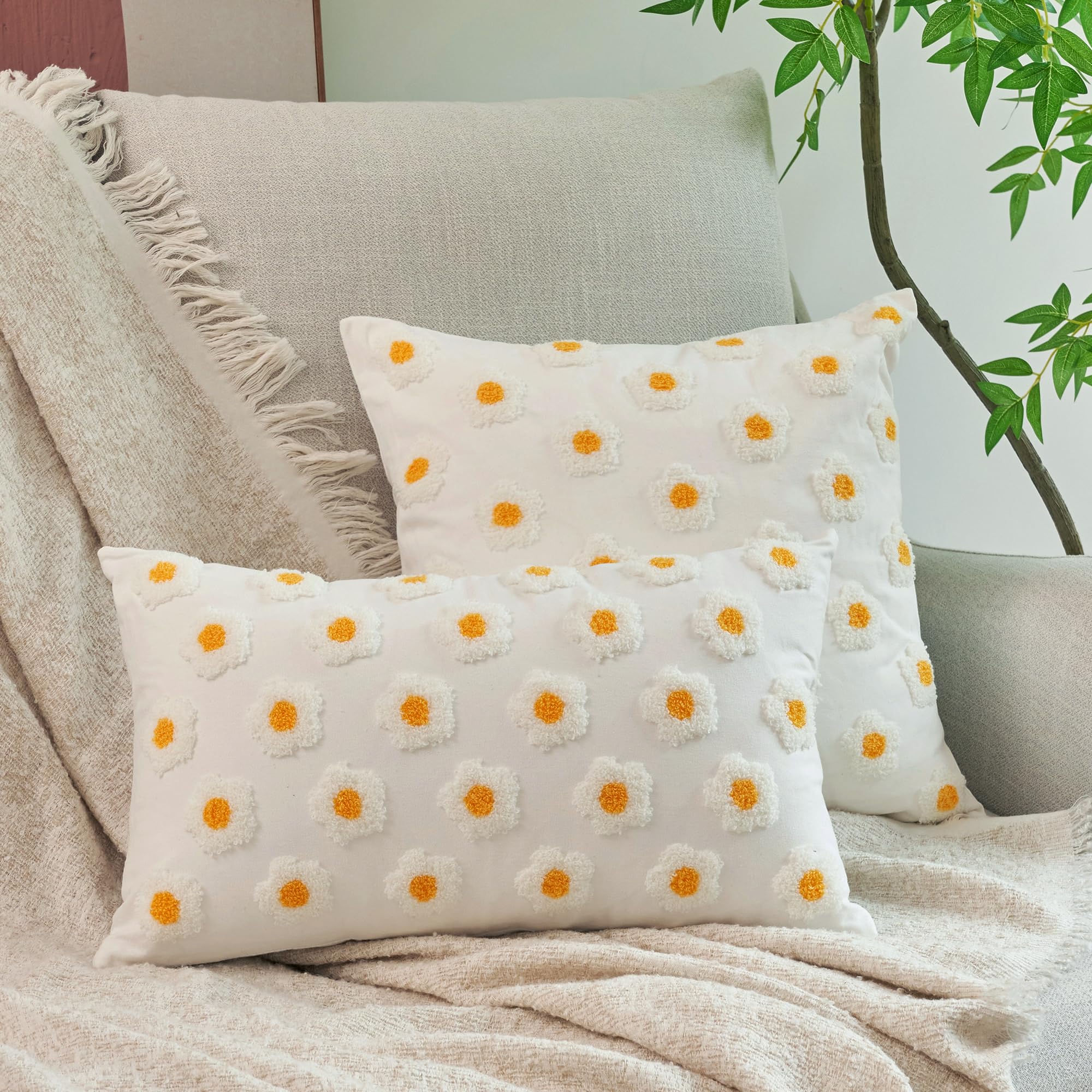 Photo 1 of ***PACK OF 3***PuTian Flower Throw Pillow Cover Pack of 2 Daisy Decorative Spring Summer Lumbar Cushion Cases for Farmhouse Home Decor Sofa Couch Living Room Bedroom Cotton Linen Blend (18x18 & 12x20), Creamy White