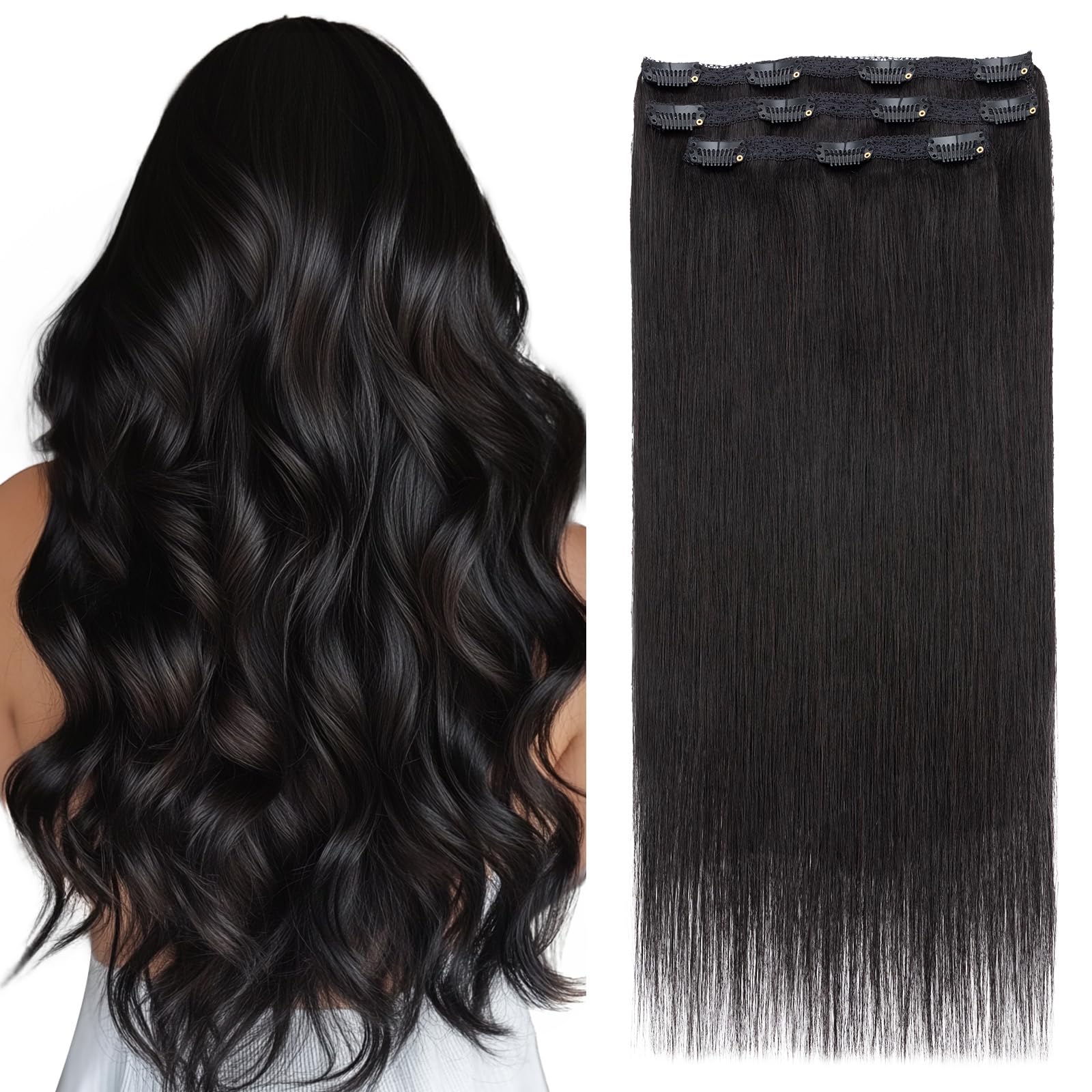 Photo 1 of Elailite Short Clip in Hair Extensions Real Human Hair 12 Inch 60g 3PCS Lace Weft Remy Hairpieces for Women Natural Black