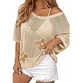 ATHMILE Womens Floral Spring Tops Summer Fashion Shirts Short Sleeve Beach Vacation Crochet Knit Sweater Lightweight Pullover