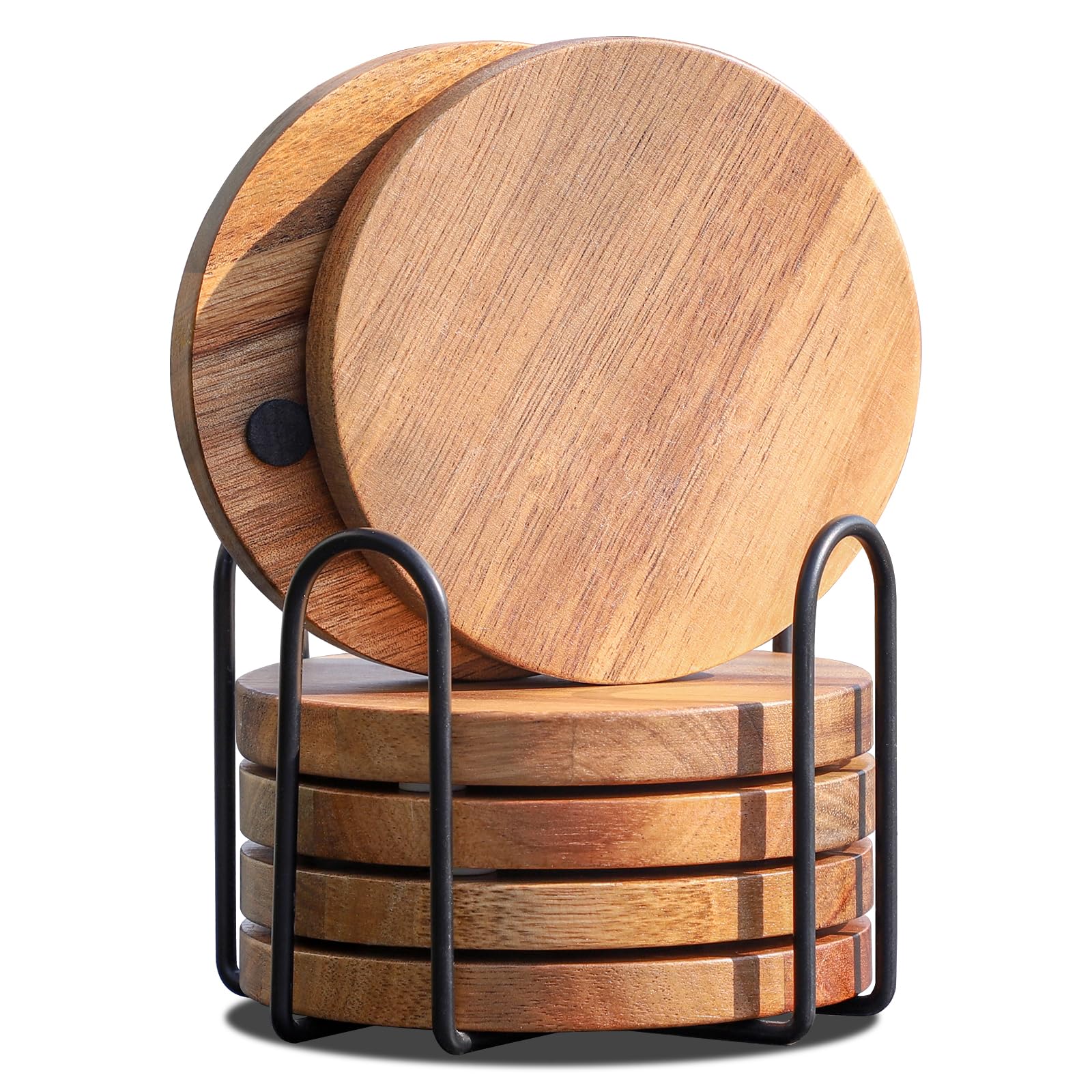Acacia Wood Coasters for Drinks with Holder Set of 6, Wooden Coasters for Drinks, Glasses, Tabletops, Coffee Table, Wood Table