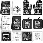 12 Pcs Farmhouse Kitchen Decor and Accessories Sets 4 Black and White Kitchen Towels 4 Absorbent Dishcloths 2 Pot Holders 2 Oven Mitts Gloves for Home Decor Mom Gifts