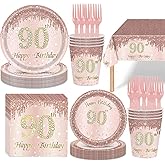 121Pcs 90th Birthday Party Supplies Plates Napkins Cups Forks Tablecloth Rose Gold Happy 90th Birthday Themed Disposable Tableware Decorations Serves 24 Guests for Women 90 Years