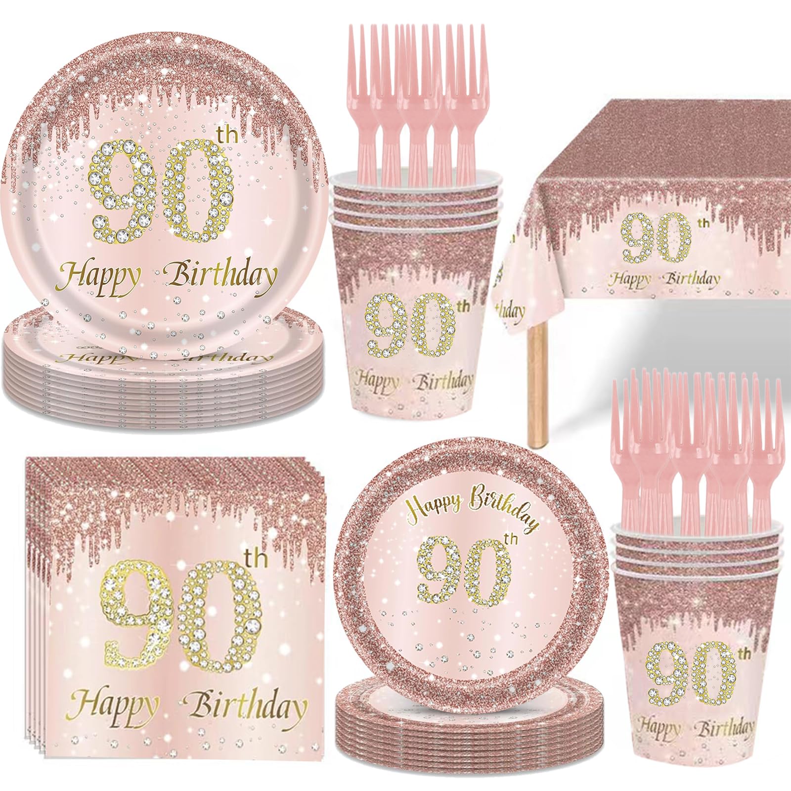 Photo 1 of 121Pcs 90th Birthday Party Supplies Plates Napkins Cups Forks Tablecloth Rose Gold Happy 90th Birthday Themed Disposable Tableware Decorations Serves 24 Guests for Women 90 Years