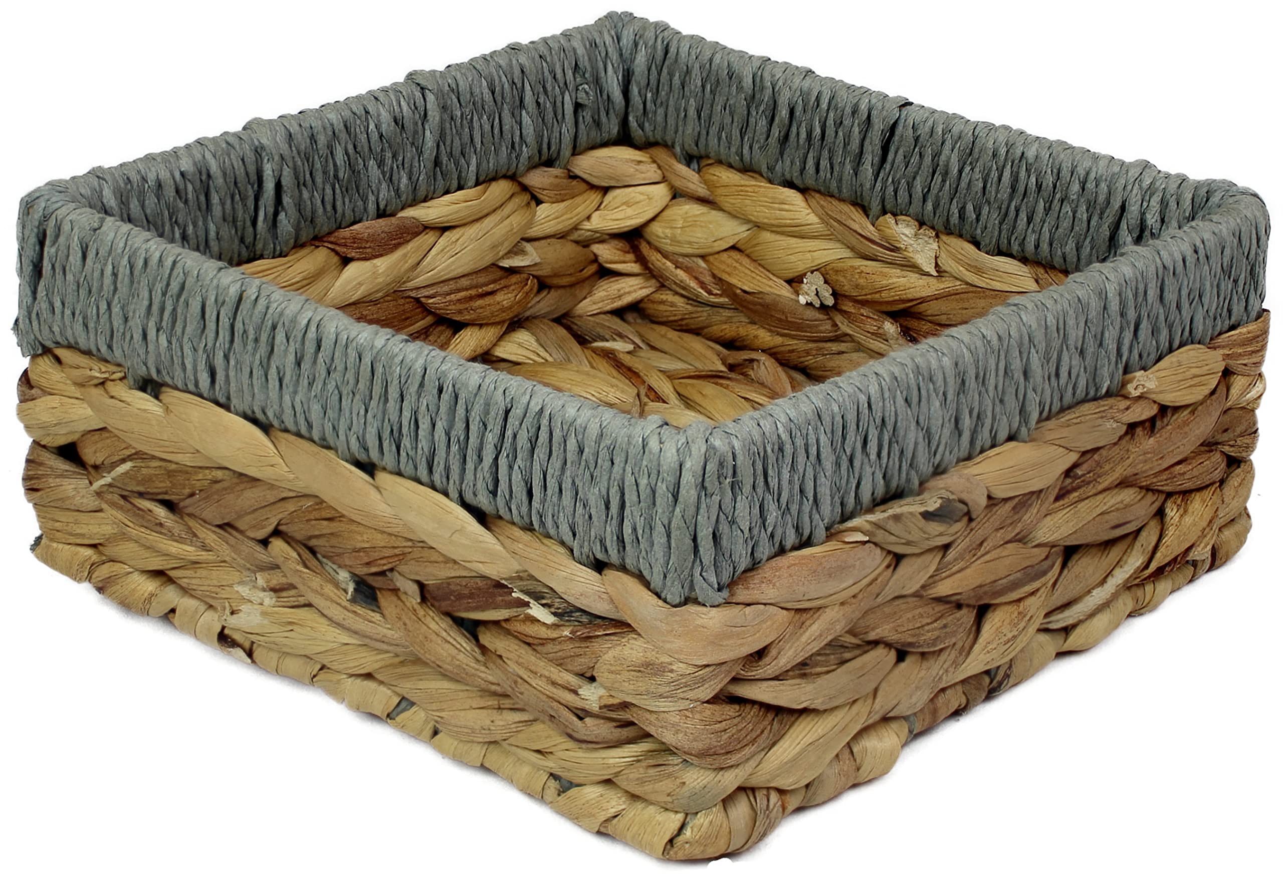 Square Water Hyacinth Small baskets for storage Natural and Grey wicker basket shelves open Decorative gift box Small bathroom mini tray makeup bathroom Kitchen organiser (Medium 18cm, 1 x Basket)