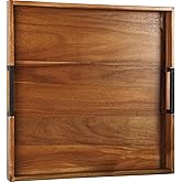 Large Ottoman Tray for Living Room and Coffee Table, Decorative Acacia Wood Serving Tray with Handles for Breakfast in Bed, Dinner Food Kitchen TV (Natural, 20" x 20" x 2")