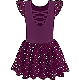 MOLLDAN Girls Dance Leotards for Ballet Dress Shiny Skirt Ruffle Sleeve Crisscross Back