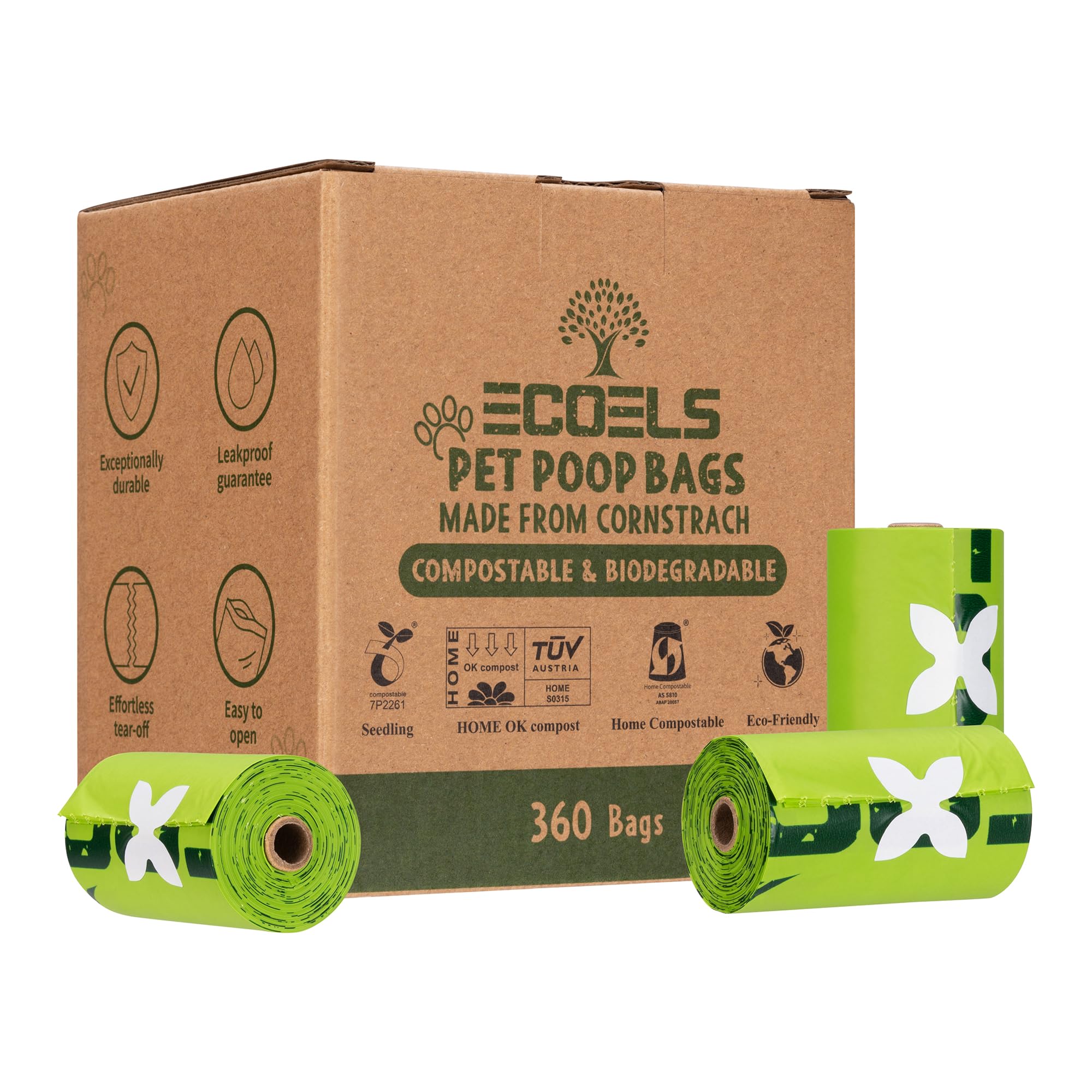 ECOELS Dog Poo Bags: 100% Compostable | Biodegradable Dog Poop Bags |Extra Large, Strong & Leakproof Poop Bags | Cornstarch-Made | Certified-OK COMPOST HOME, EN13432, ASTM BPI |360 Count Poo Bags Dogs