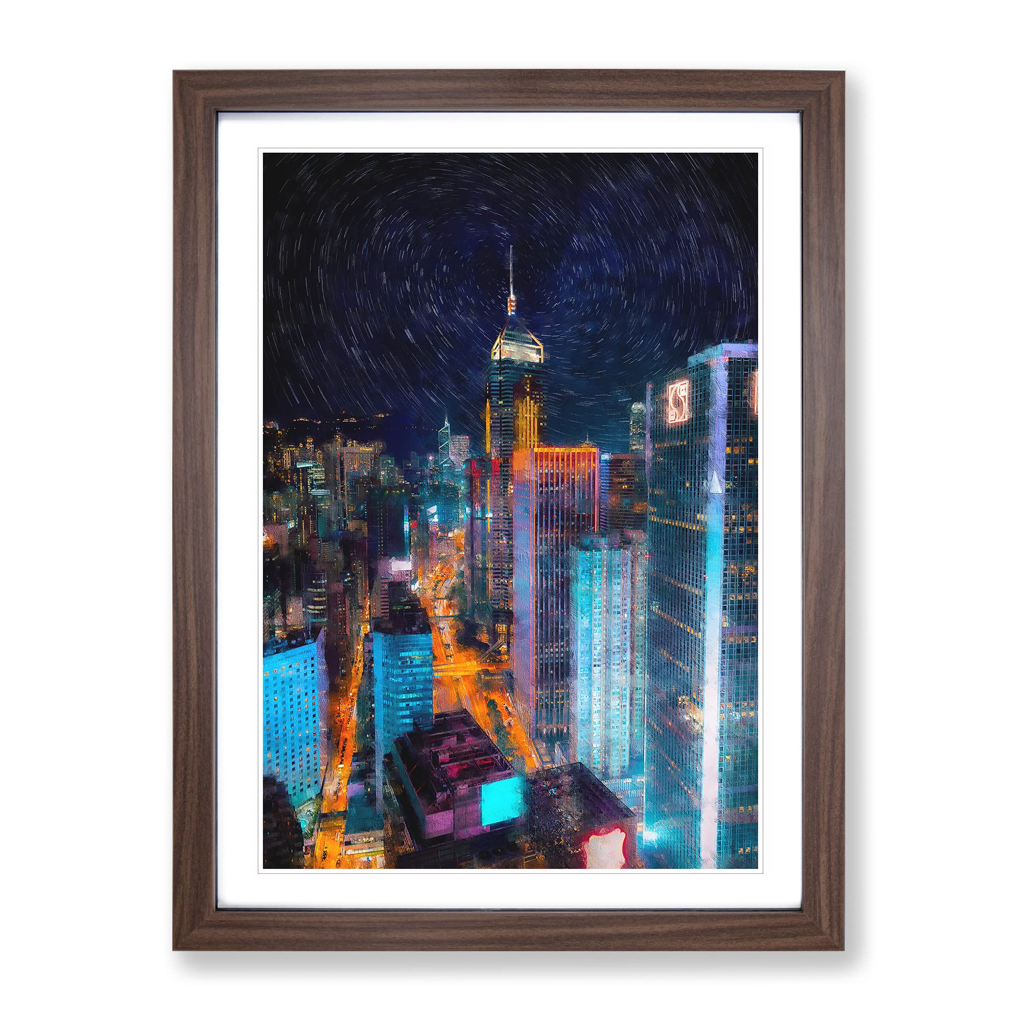 Midnight Dreams In Hong Kong Painting Modern Framed Wall Art Print, Ready to Hang Picture for Living Room Bedroom Home Office Décor, Walnut A4 (34 x 25 cm)