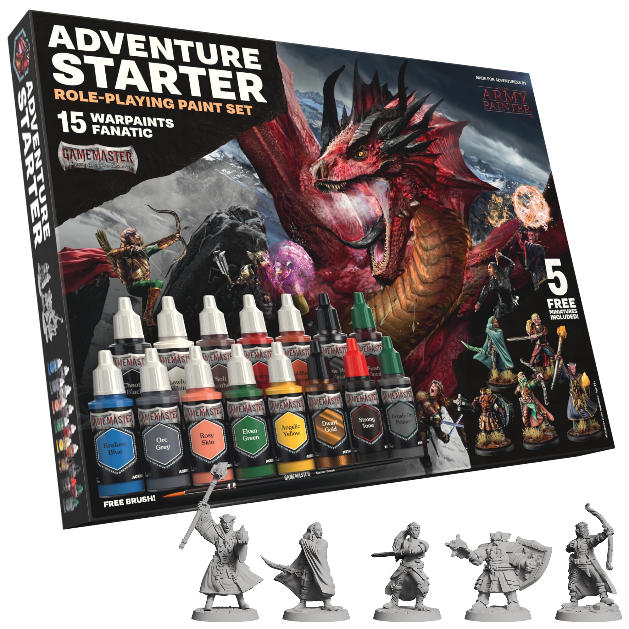 The Army Painter, GameMaster: Adventure Starter Role-playing Paint Set, 15 x 18ml Warpaints Fanatic Acrylic paints, incl. a Brush-On Primer, 5 FREE Miniatures & 1 Brush - For Warhammer & Dnd