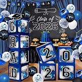 2026 Graduation Decorations - Blue Balloon Boxes with Letters 2026 Grad &amp; So Proud of You and Blue Black White Print Balloons, Graduation Party Decorations Class of 2026 for Any Grades(Blue)
