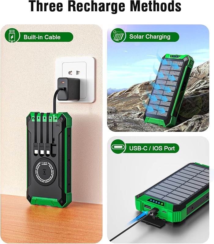 Wireless Solar Powerbank 26800mAh mit 4 Kabel, 15W Schnellladung für Handy