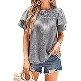 Falechay Womens Tops Dressy Casual Cute Babydoll Ruffle Sleeve Blouses Summer Gingham Flowy Peplum Peasant Shirts