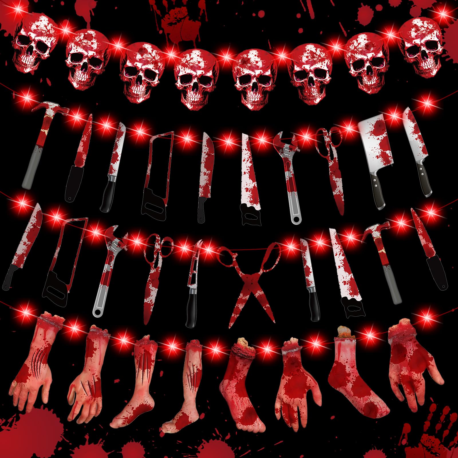 Photo 1 of 4 Sets Halloween Decorations Banner with 4 Lights Horror Skull Fake Hands Feet Knives Hanging Banner for Halloween Zombie Vampire Haunted House Party Supplies Indoor Outdoor