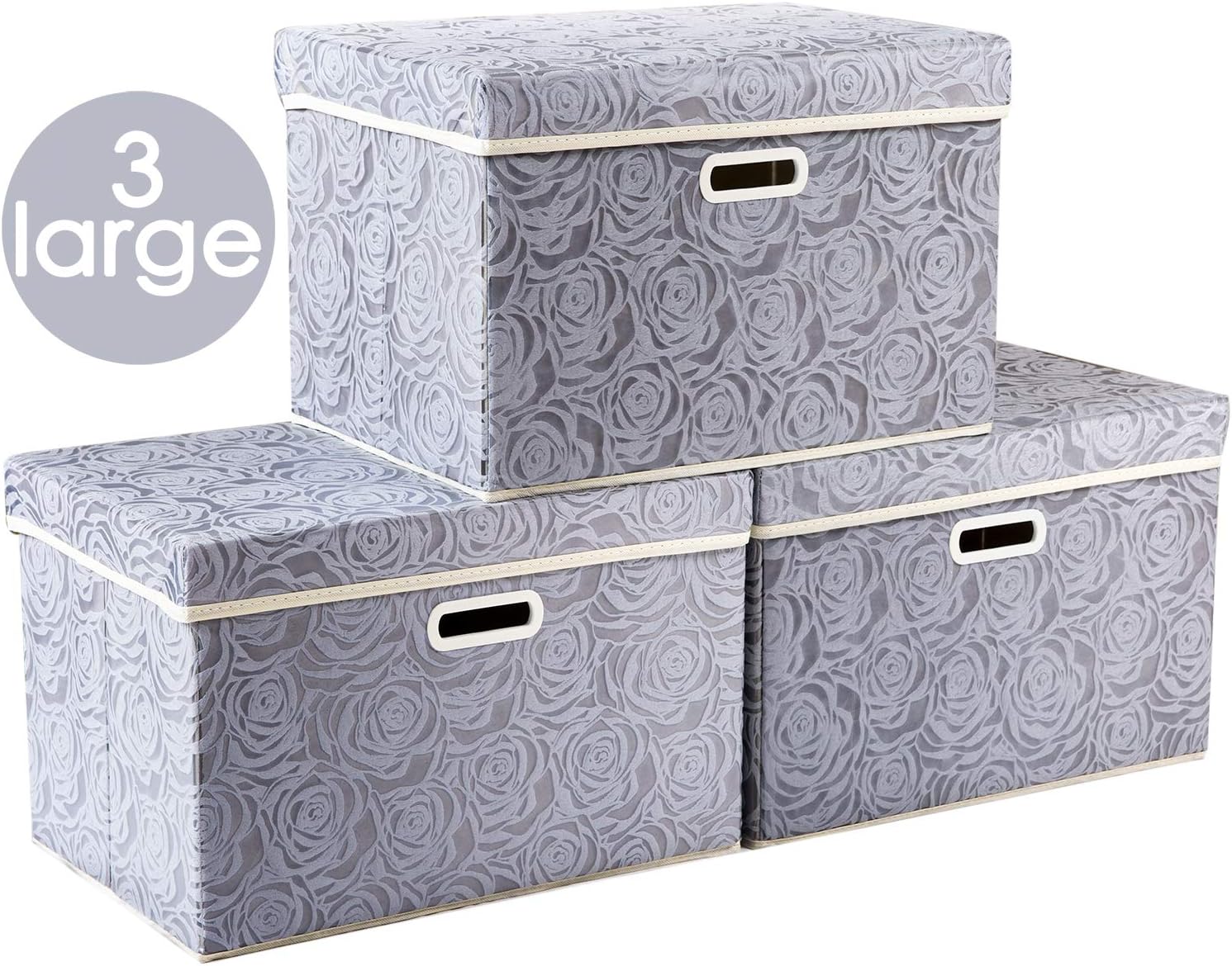 Prandom Larger Collapsible Storage Boxes with Lids Fabric Decorative Storage Bins Cubes Organizer Containers Baskets with Cover Handles for Bedroom Closet Living Room Gray 17.7x11.8x11.8 Inch 3 Pack
