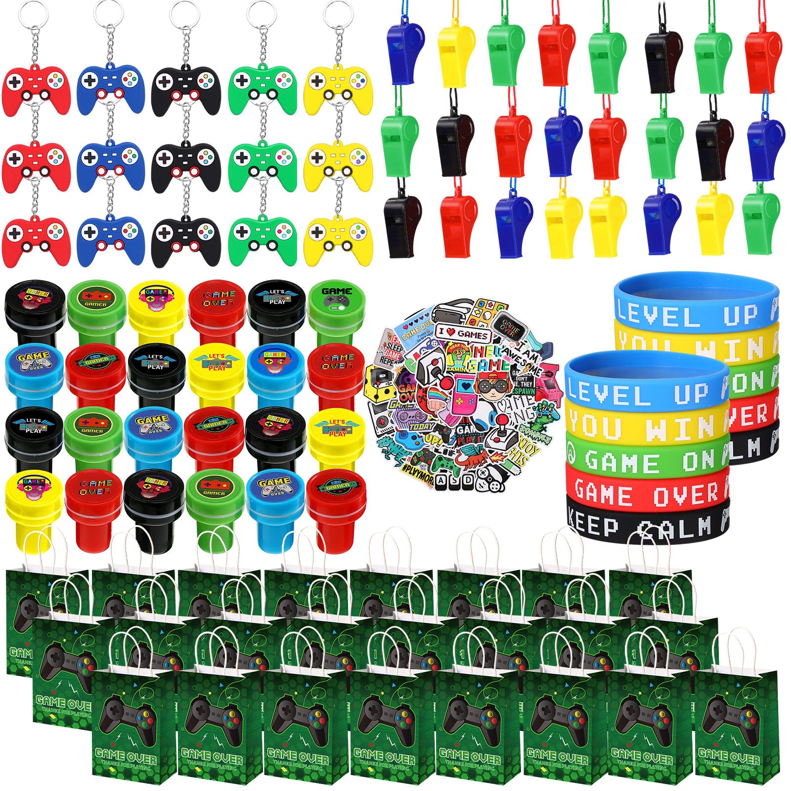 Photo 1 of Aoriher 154 Pcs Video Game Party Favors Gift Set for Kids, Gaming Party Favors 20 Set of Keychain Bracelet Wristband Treat Bags Sticker Whistle, Game on Themed Gamer Boys Birthday Goodie Bag Fillers