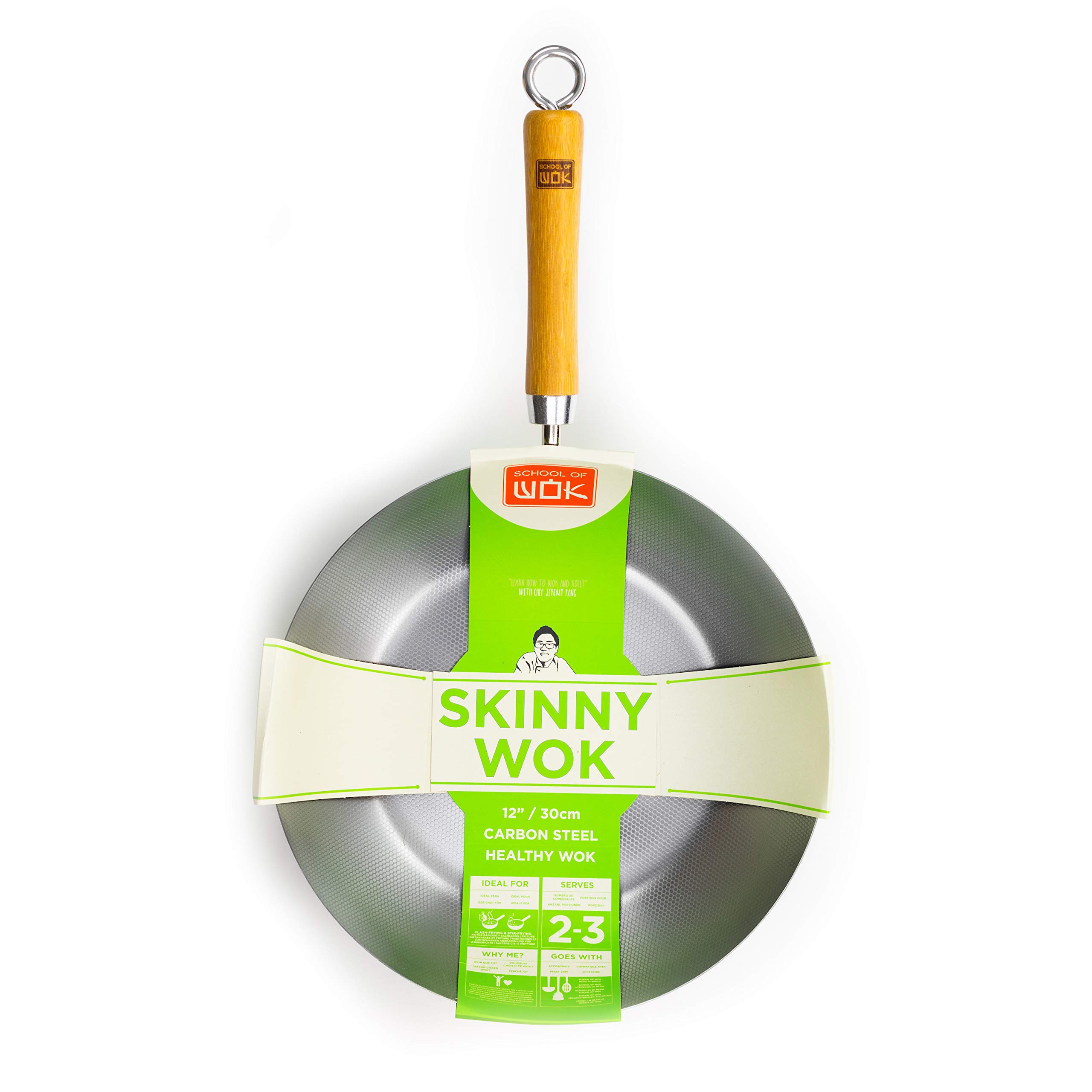 School of Wok - Skinny Wok 12"/30cm Carbon Steel Flat Bottom Wok, Induction Hobs with Bamboo Wooden Handle, Use Less Oil