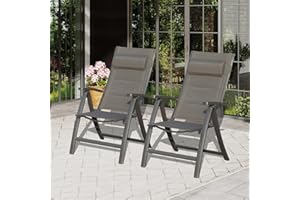 DOMI OUTDOOR LIVING Domi Patio Outdoor Sling Chairs Set of 2 with Moveable Headrest, Folding Chairs Outdoor Reclining Camping Chairs with Armrest Adjustable High Backrest and Padded Textilene Fabric Seat