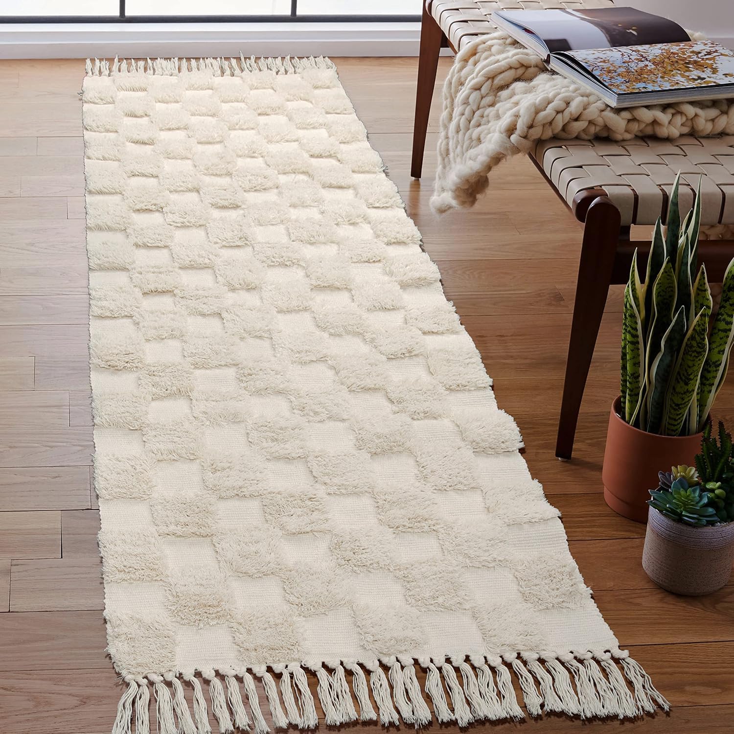 JaeMoose Cotton Rug Tufted Cotton Rug Washable Retro Hallway with Tassels Moroccan Boho Rugs for Living Room Bedroom Front Door (Beige Checkerboard, 60 x 180 cm)