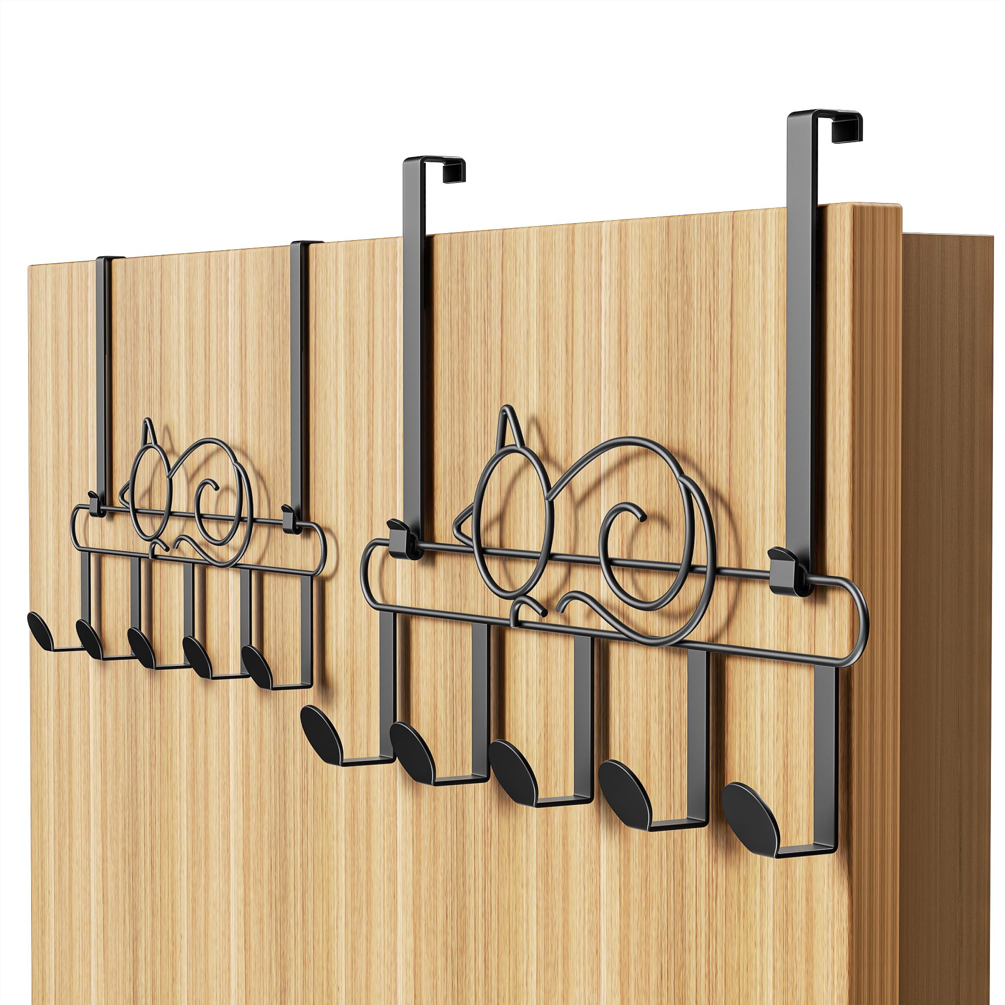 Alsonerbay Over Door Hooks, 2PCS Black Over Door Hanger, 10 Hooks Cat Shaped Over The Door Hanger with Rust Resistant Finish for Coats, Hats, Bags, Clothes, Towels
