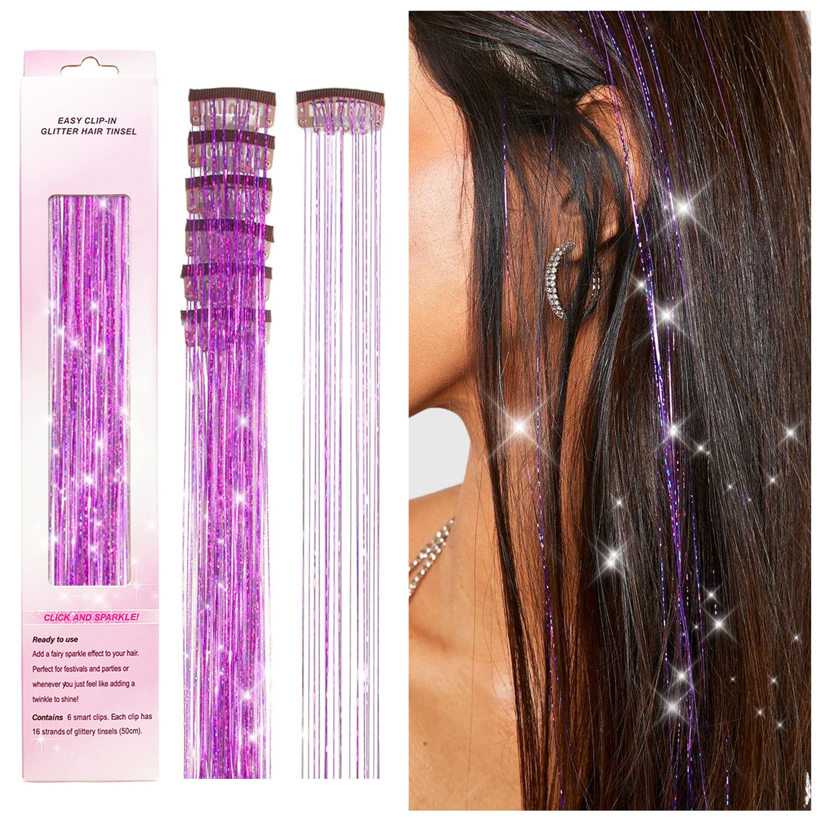 Clip in Hair Tinsel, POROLIR 6Pcs Glitter Fairy Tinsel Hair Extensions 20 Inch Shiny Hair Tinsel Heat Resistant, Sparkly Strands Hair Accessories, Festival Gift for Women Girls Kids (Light Purple)