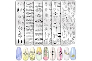 AUOCATTAIL Stamping Plates Nail Art Set Flower Minimalist Geometric Lines Leaves Pattern Theme Image DIY Nail Art Stamp Plate Stamper Kit 6Pcs