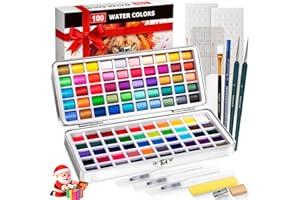 Watercolor Paint Set 100 Colors botkc Travel Water Colors kit with 7 Brushes 8 Watercolor papers Palette set Including Metallic and Accessories Art Supplies Gifts for Kids Artists Teens Adults and Hobbyists