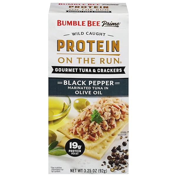 BUMBLE BEE PRIME PROTEIN ON THE RUN TUNA SNACK KIT – GOURMET TUNA MARINATED IN OLIVE OIL & BLACK PEPPER WITH CRACKERS AND SERVING UTENSIL – 19G OF PROTEIN PER SERVING