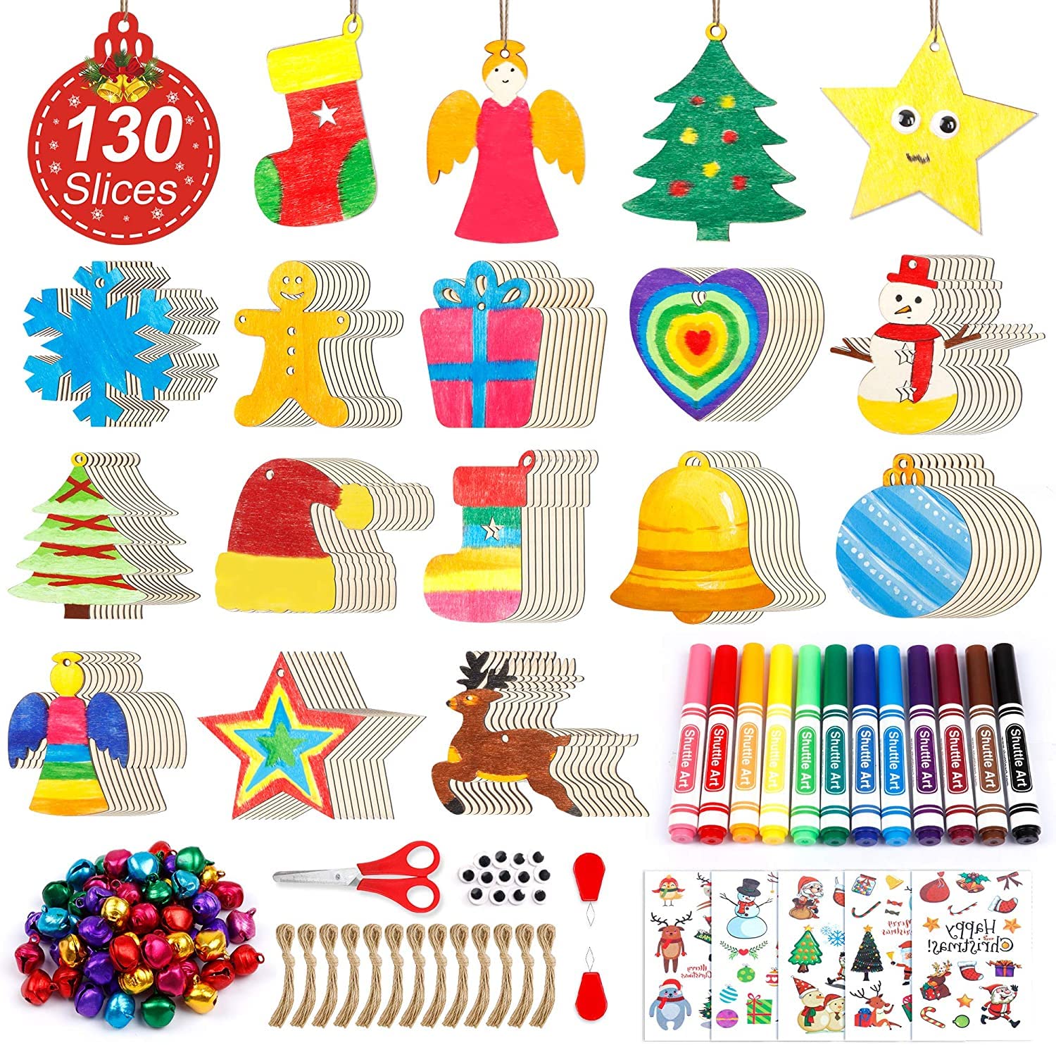 Shuttle Art 360 PCS Unfinished Wooden Ornaments, 130 PCS Wood Slices for Crafts, with 13 Styles Wooden Christmas Shapes for Crafting, Jute Twines, Bells and Markers, DIY Christmas Hanging Decoration