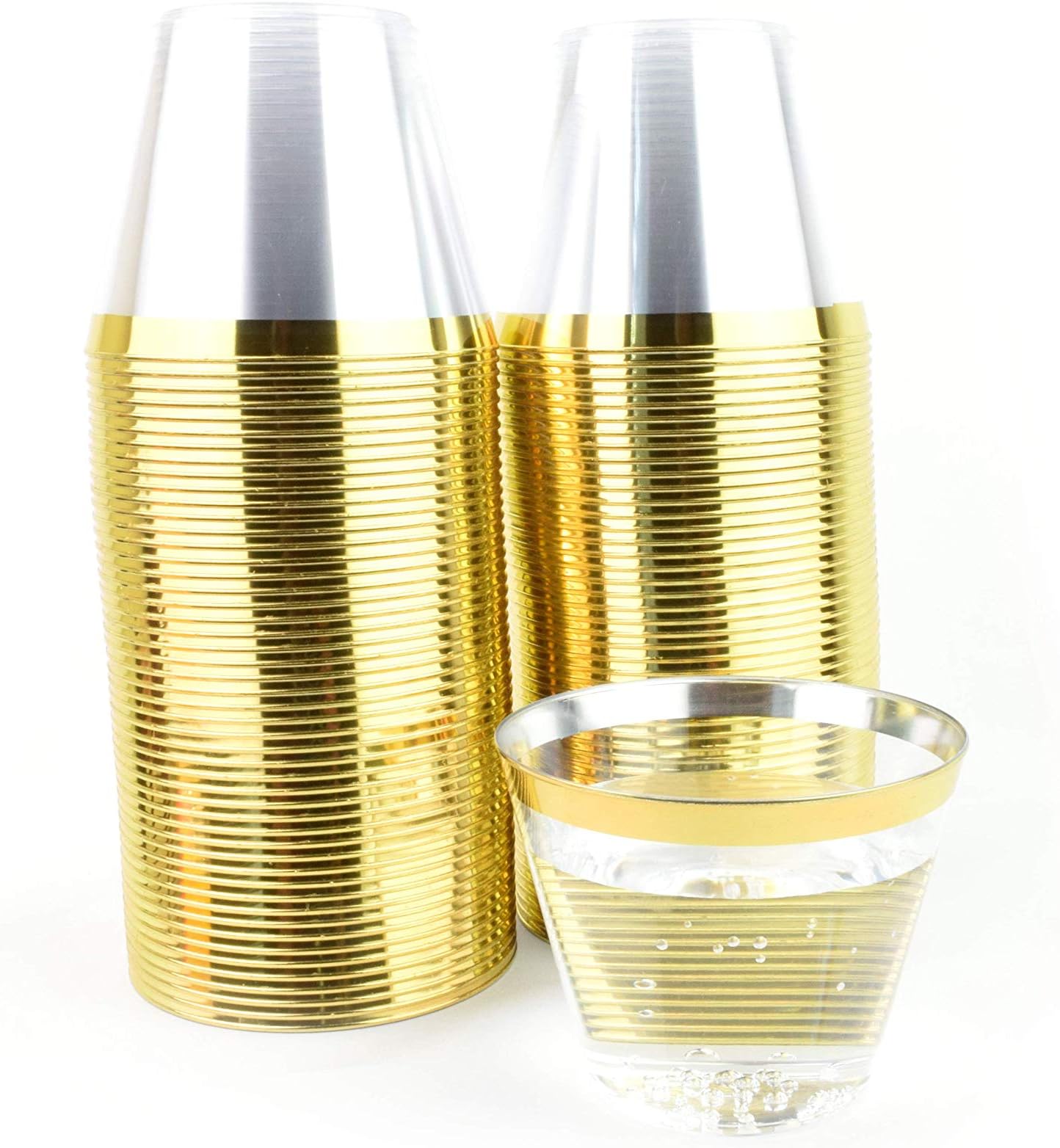 9 oz. Clear Plastic Cups ~ Renaissans 100-pack Gold Rimmed Drink Cups ~ Elegant Small Disposable Tumblers for Party, Wedding Drinking Cup ~ Ideal Wine Glasses