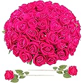 Ovveroche 90 Pcs Hot Pink Velvet Rose Artificial Flowers with Long Stems, Fake Silk Roses Real Touch Fake Roses Florals for Birthday Wedding Bouquet Party Arrangement Decorations