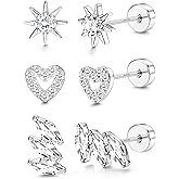 ZELORES Sterling Silver Flat Back Earrings for Women Trendy Small Hoop Huggie Earrings CZ Cartilage Stud Earrings Set White Gold Plated Tragus Helix Earrings Piercing Jewelrys