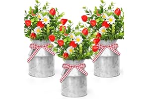 AWEYKA 3 Pack Strawberry Mason Jar Table Centerpiece, Artificial Strawberry Home Centerpieces Fake Strawberry Daisy Plants with Faux Leaves for Summer Farmhouse Wedding Decor, Tiered Tray Tabletop Display