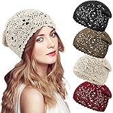 4 Pcs Women Crochet Slouchy Beanie Hat 2026 Summer Fall Handmade Knit Floral Cotton Cutout Hats Thin Knitted