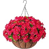 Ammyoo Artificial Hanging Flower Plants with Basket for Outdoor Decoration, Faux Petunias Flowers Fake Morning Glory Planter for Outside Patio Garden Porch Balcony Yard Decor(Rose Red)