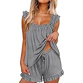 Ekouaer Pajama for Women Set 2 Piece Ruffle Pjs Soft Tank Top and Shorts Sleepwear Set Bridal Pajama Set for Women