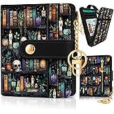 Jogjam Bookshelf and Skull Goth Gothic Skeleton Rfid Women Wallet, Small Slim Thin Compact Travel Credit Card Wallet, PU Leather Bifold Cash Wallet, Zipper Coin Pocket ID Window, Female Ladies Gifts