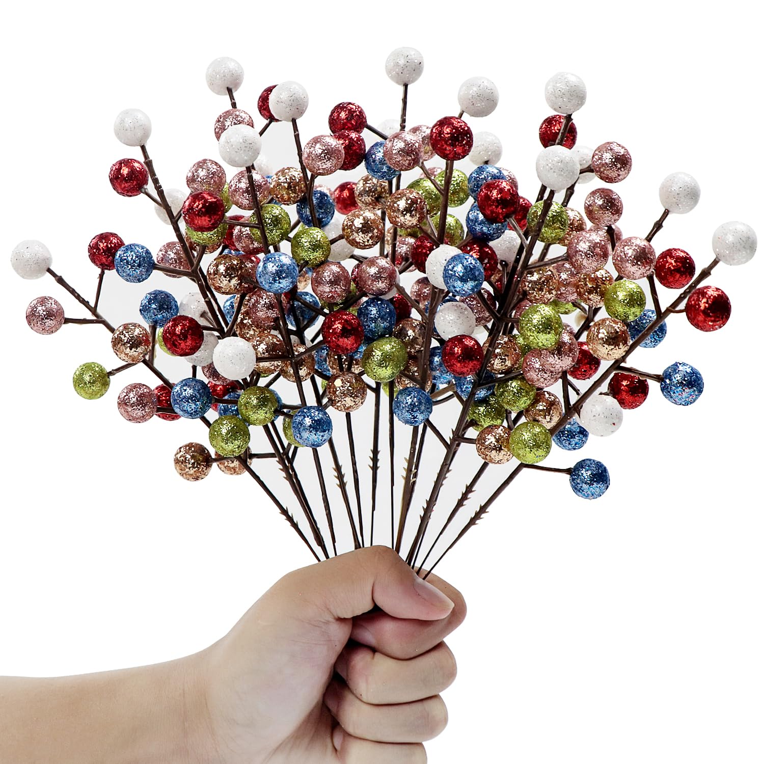 12 Pcs Christmas Artificial Glitter Berries Stems Christmas Tree Stems with Powder Sequins Christmas Berry Picks Floral Decoration Craft for DIY Xmas Crafts Wreath Garland Home Decor (Rainbow)