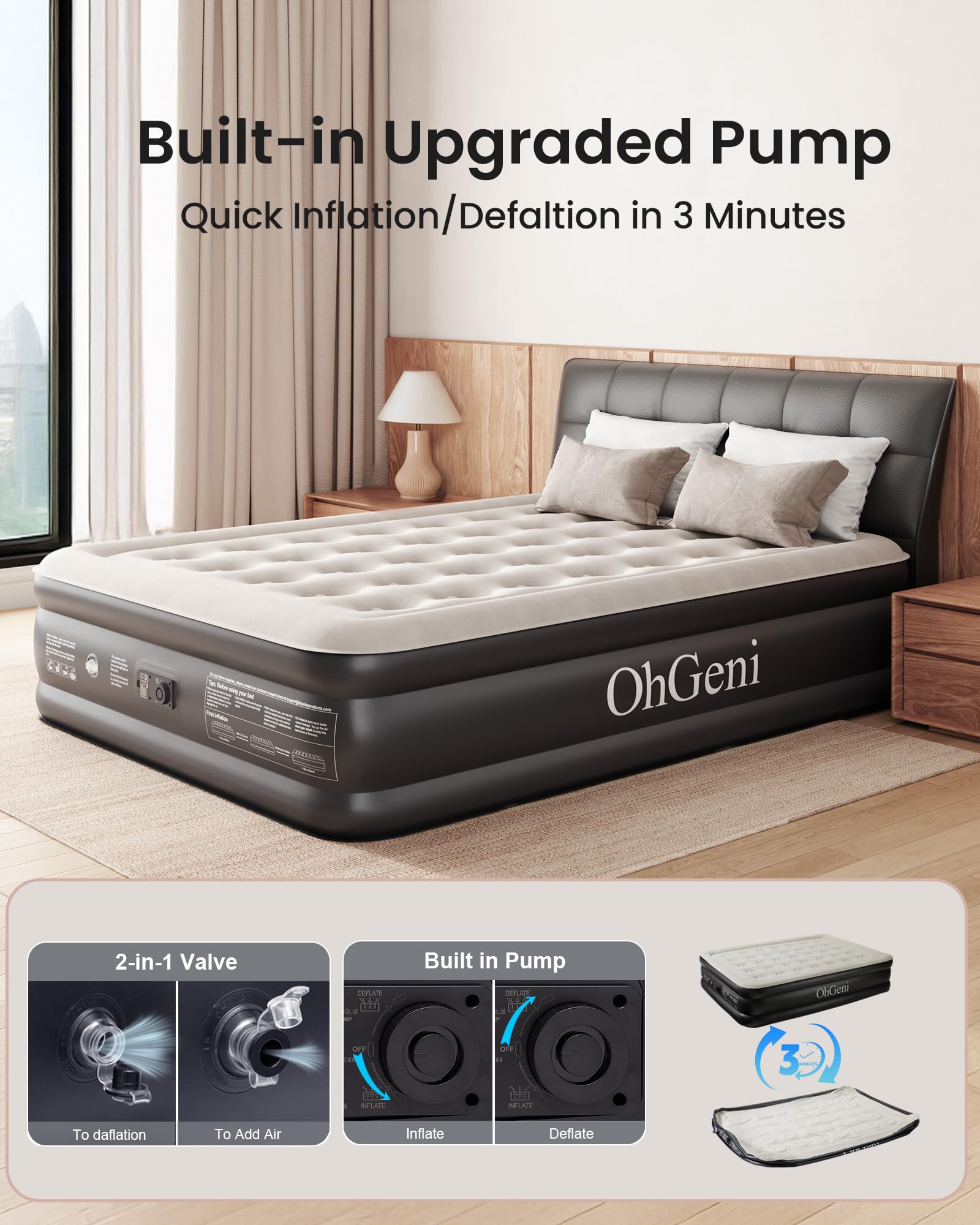OhGeni Queen Air Mattress with Built in Pump, Inflatable Mattress Blow Up Bed 18 Raised Comfort,Upgraded Surface Portable Mattress, Air Bed for Camping, Home and Guest, Colchone Inflable, 650 lbs Max