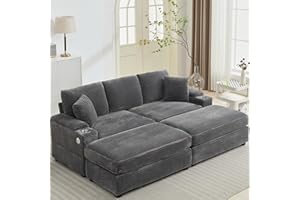 HZANHY Oversized Corduroy Double Chaise Lounge Chair Indoor with Storage and Ottoman, Sleeper Chair with Cup Holder, USB,Deep Seat Upholstered Sofa Bed, Reclining Chairs for Living Room, Bedroom, Office Grey