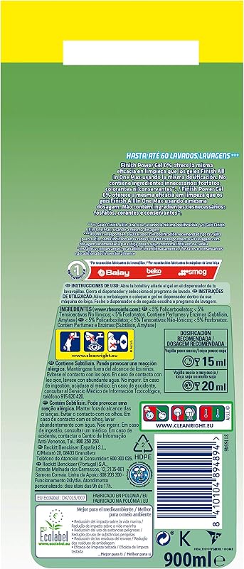 Finish power gel 0% detergente gel lava louça com certificado ecológico, 2 unidades - 120 doses