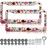 Flower Pink License Plate Frames - 2 Pack Florals License Plate Frame Holder for Women Metal Aluminum Car Tag Frame with Screws Fasteners Caps