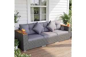 KOTEK 3-Seater Outdoor Couch, 86.5" Large Size Patio Wicker Sofa with Cup Holders & Wood Armrest, Cushions & Pillows, 3 Piece
